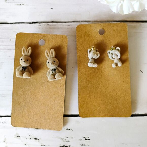 (2) New Flocked/Fuzzy Earrings Bunny Rabbits & Bear w/Crown Studs Cute, Funky 3D - Picture 2 of 5